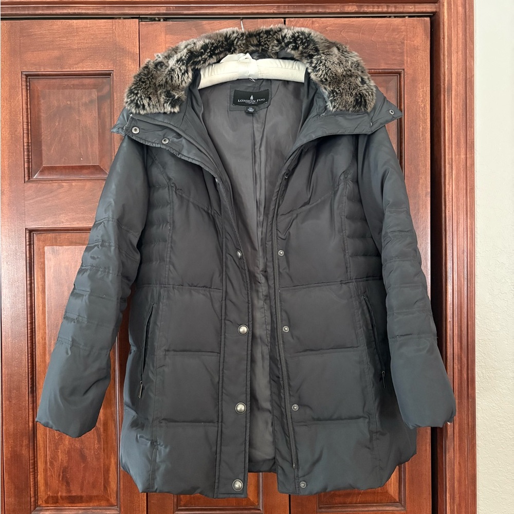 London Fog Charcoal Puffer Coat with Faux Fur Hood